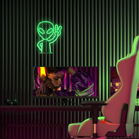 Green Alien Neon Sign LED Wall Light USB Battery for Game Room Party Decor - Picture 4 of 9